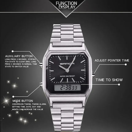 SANDA P747  Dual Display Clock Unisex Waterproof Sports Quartz Watch Luxury Mens Style Watches Stainless Steel Women LED Digital