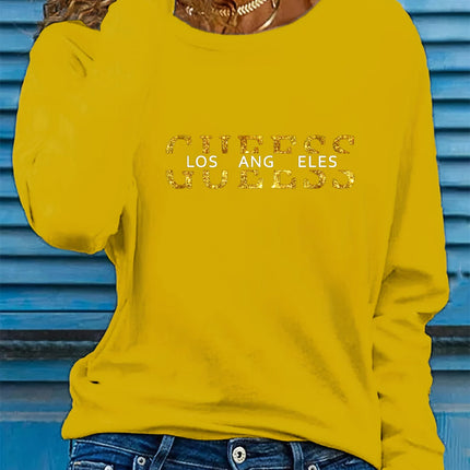 Spring and Autumn Women's 100% Cotton Fashion Casual Loose Los Angeles Letter Pattern Printed Long Sleeve Round Neck T-shirt