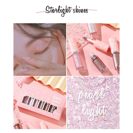 Liquid Eyeshadow Eight-Piece Set Box with Dazzling Shimmer, Fine Glitter, Bright Crystal Pearl Shimmer, High-Gloss Highlighter, Brightening and Contouring Eyeshadow Liquid