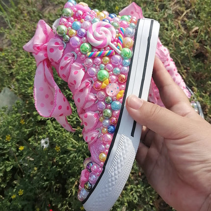 Handmade Rhinestones Bling Girls Women Kids And Mother Candy Canvas Shoes Pearls Sneakers For Girl Birthday Party Wedding
