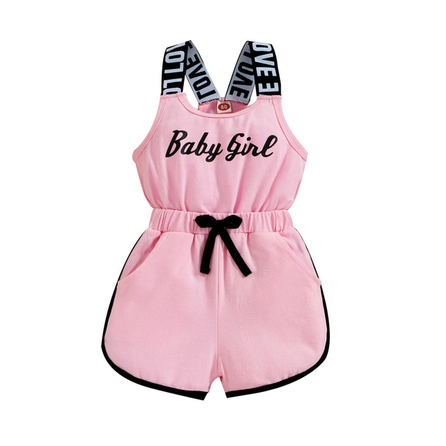 Toddler Kids Baby Girls Summer Romper, Sleeveless Crew Neck Letter Print Short Jumpsuit Elastic Waist Clothes 9M-4T