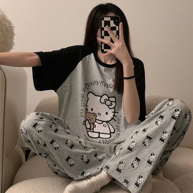 Hello Kittys 2Pcs Kawaii Pajamas Set Women Spring Autumn Summer T-Shirt Trousers Loungewear Sweet Cute Girls Loose Nightwear