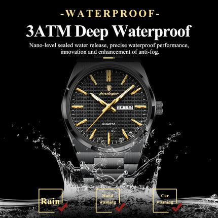 POEDAGAR Luxury Fashion Men's Wristwatch Waterproof Luminous Date Week Man Clock Stainless Steel Quartz Business Watches For Men
