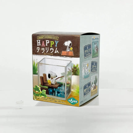 Snoopy Woodstock Happy Time in Terrarium Figures Collect Fishing Surfing Snorkeling Ice Skating Camping Scene Blind Box Toys