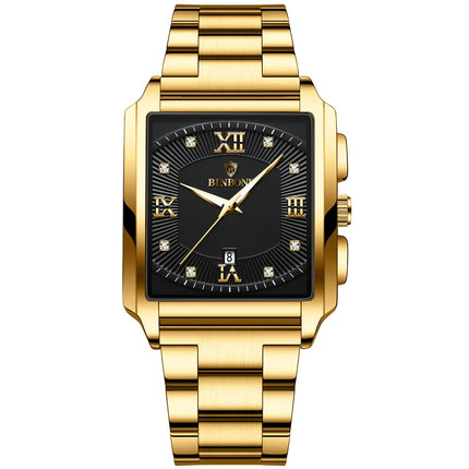 BINBOND Luxury Quartz Watch for Men Golden Square Large Dial 30M Waterproof Leather Strap Wrist Watches Date Display Men's Watch