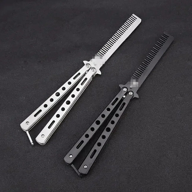 Foldable Comb Stainless Steel Practice Training Butterfly Knife Comb Beard Moustache Brush Salon Hairdressing Hair Styling Tool