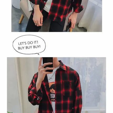Casual Plaid Long Sleeve Men's Shirt Autumn Korean Style Loose Fashionable Outerwear Couple's Casual Shirt Comfortable Fit