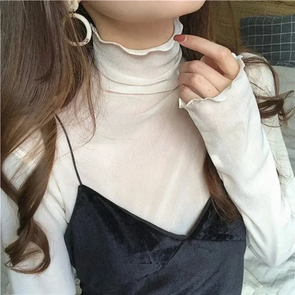 High Neck Sheer Mesh Top Women Clothing Long Sleeve Turtleneck T-shirt Korean Sexy See Through Black White Beige Shirt New