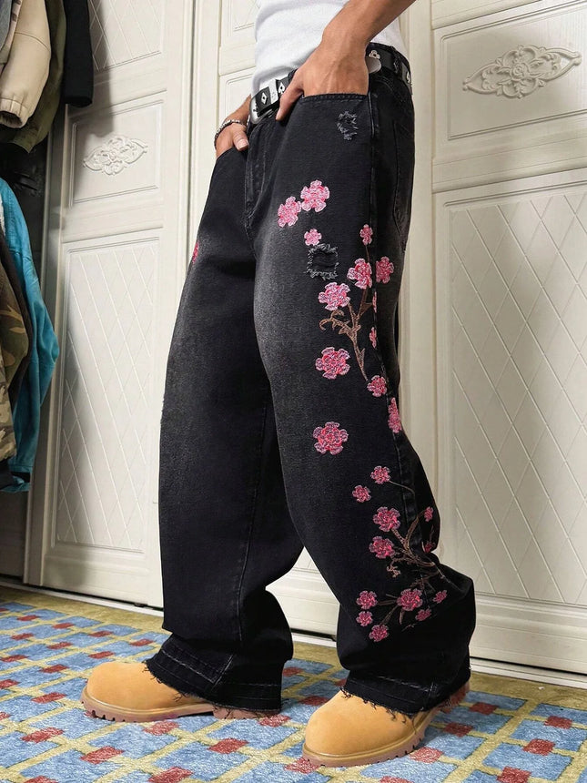 Men's Black Vintage Loose Wide-Leg Jeans, Four-Season Street-Style Ripped Denim Pants with Cherry Blossom Embroidery