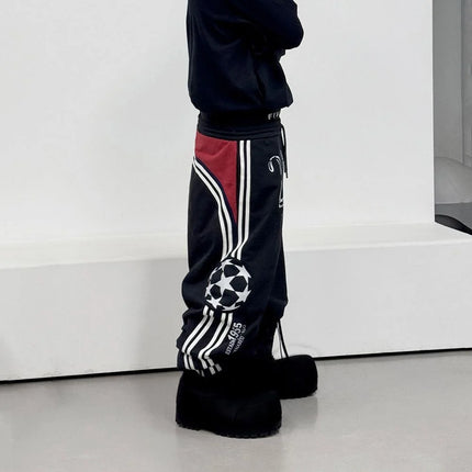 Casual American Street Retro Print Side Stripes Spliced Letter Hip-hop Plush Loose Sweatpants Drawstring Sports Vintage Pants