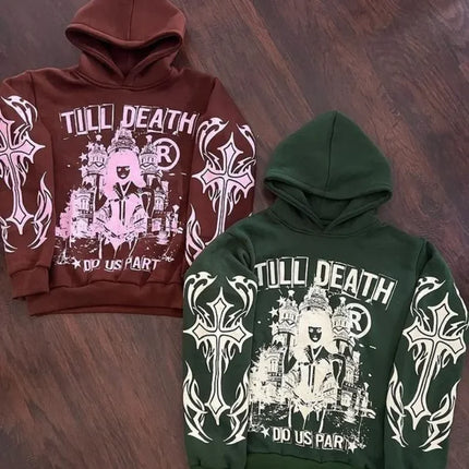Hoodie with letter printing and cartoon pattern, hooded sweatshirt, 2026, Harajuku clothing, men's and women's tops, Gothic styl