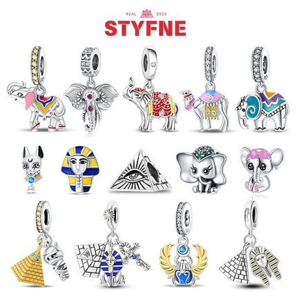 Silver 925 Gold Pyramid Mummy Double Charm Elephant Beads Fit Original Bracelet DIY Fine Jewelry Accessories for Women Gifts