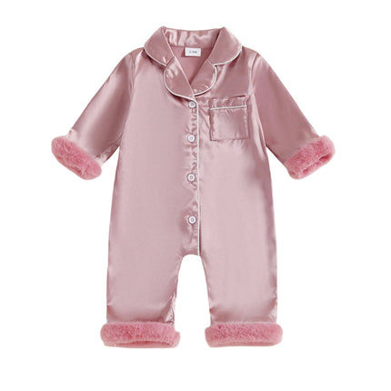 Pudcoco Baby Girl Satin Pajamas Contrast Trim Fur Trim Button Down Lapel V Neck Long Sleeve Romper
