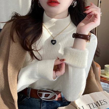 Women's Turtleneck Sweater Winter 2025 Retro with Velvet Lining Thickened Inner Wear Thermal Knitting Bottoming Shirt Pullovers