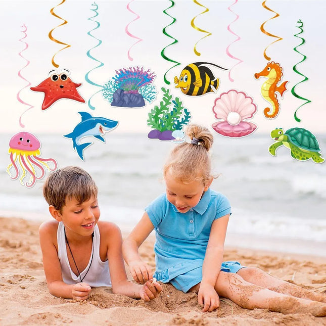 Under The Sea Spiral Hanging Tags Shell Starfish Seahorse Seaweed Spiral Pendant Happy Summer Ocean Birthday Party Decors