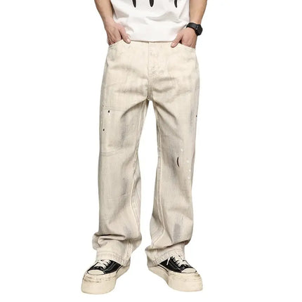 High Street Vibe Style Graffiti Off-White Jeans Men's Retro Loose Versatile Wide-Leg Floor-Length Trousers Trendy