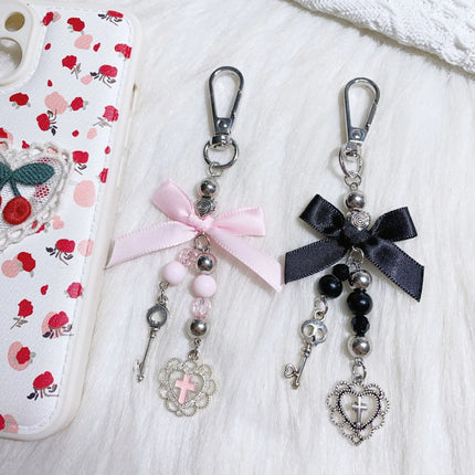 Gothic Cross Love Heart Skull Key Pendant Keychain for Women Trend Black Bowknot Key Ring Female Halloween Y2K Jewelry