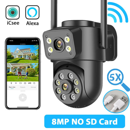 Dual Screen WiFi Security Camera 4K 8MP Dual Lens Surveillance Camera Human Detection Night Vision 5X Zoom Home Outdoor Security