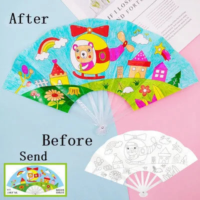 Painting Summer Fan DIY Toys For Children Cartoon Animal Color Graffiti Origami Fan Art Craft Toy Creative Drawing Kids