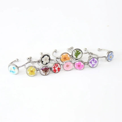 Wency Stainless Steel Dried Flower Round Rings For Women Eternal Flower Open Finger Ring Jewelry Wedding Band Gift Wholesale New
