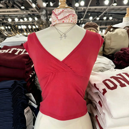New Rose Red Slim Crop Top Woman Sexy V-neck Short Sleeve Cotton Cropped T-shirt Solid Casual Simple Sweet All-match Tee Tops