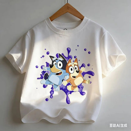 Hot Bluey Themed Kids T-Shirt Boys Girls 2026 Summer Cartoon Printing Graphic Baby Outdoors Short Sleeve Tee Daily Wear Top