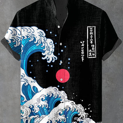 New Healing Style Linen Short Sleeved Shirt for Men, Retro Black Cat, Goldfish 3D Printed Casual Top Clothing