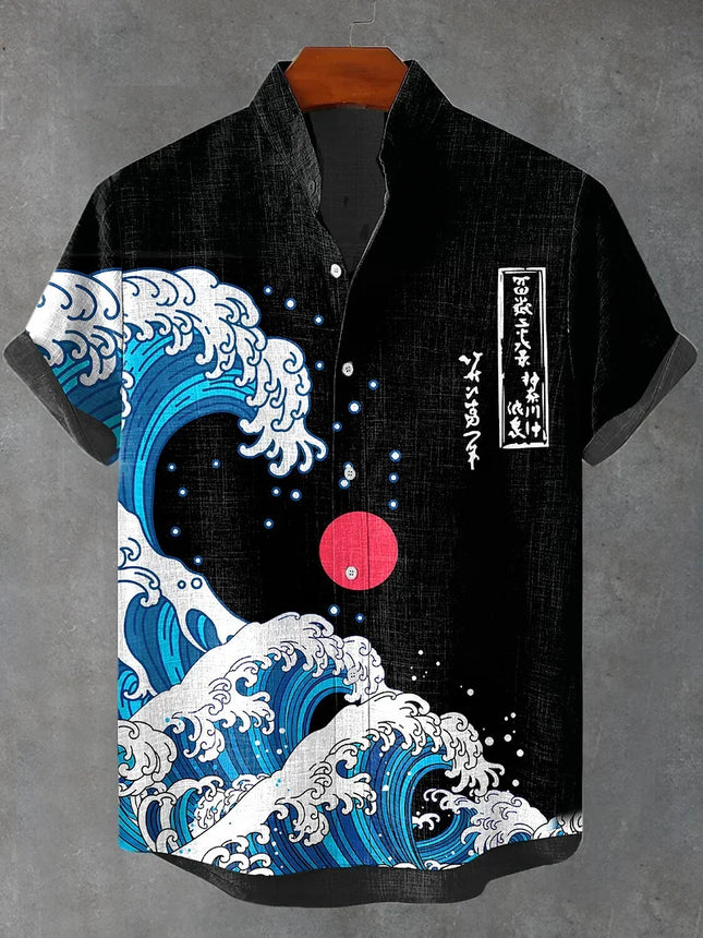 New Healing Style Linen Short Sleeved Shirt for Men, Retro Black Cat, Goldfish 3D Printed Casual Top Clothing