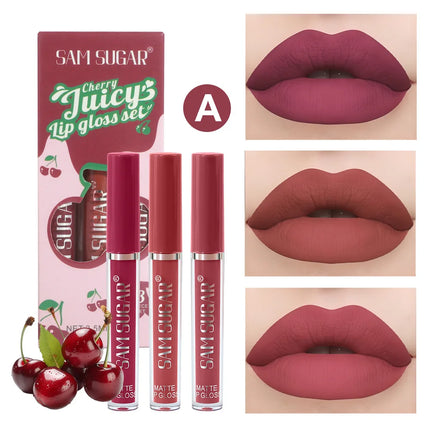 Fruit Cherry Strawberry Liquid Lipstick Makeup Kit Non Stick Cup Colorfast Long Lasting Velvet Matte Peach Lip Gloss Set 3pc/set