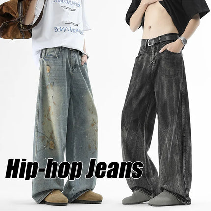Fashion Jeans Wide-Leg Pants Men's Loose Old Jeans American Hip-hop High-waisted Jeans Ripped Print Casual High Street Trousers