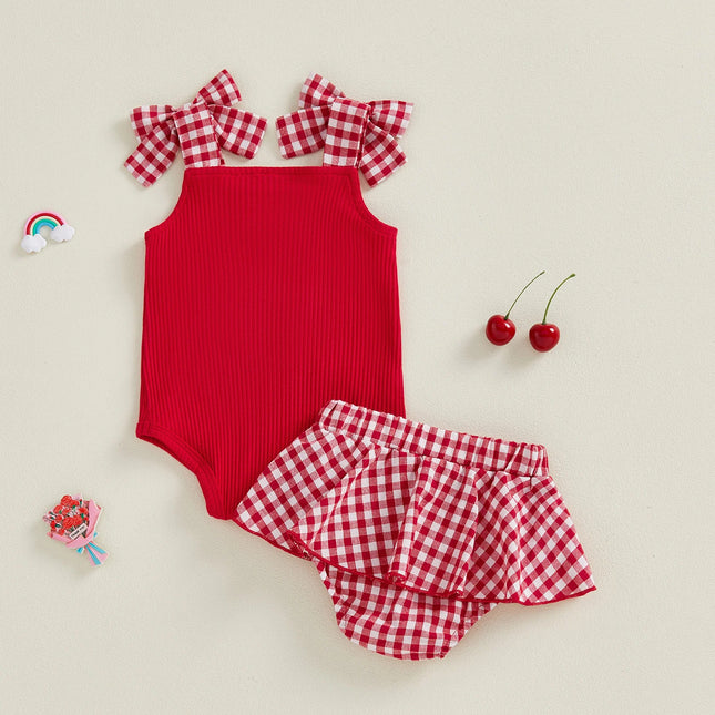 Newborn Baby Girl Summer Outfits Plaid Cherry Patch Embroidery Tie Shoulder Sleeveless Romper and A Line Skirt 2 Pcs Set