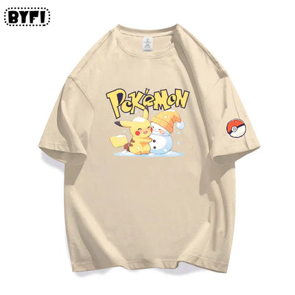 New Cool Pikachu Collaboration Pok É Mon Peripheral Short Sleeved T-shirt for Men and Women, Pure Cotton Half Sleeved Loose Top