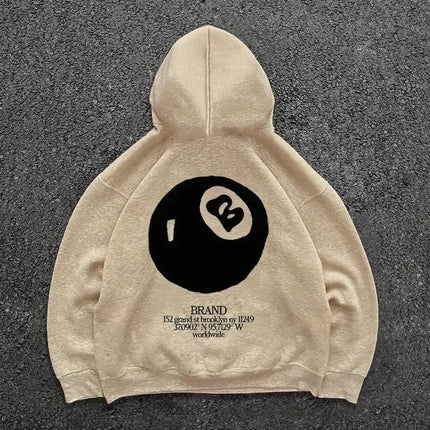 Retro 8-ball pattern hooded men's streetwear,oversized pullover, casual and fashionable sportswear, daily wear and hip-hop style