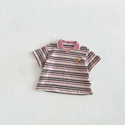 2026 Summer 6M-5Y Korean Style Childrens Clothes Contracting Color Stripe Girls Shirt Cartoon Embroidery Polo Shirt