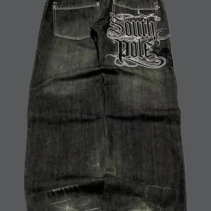 American New Fashion Oversize Pattern Embroidered Baggy Jeans Men Y2K Gothic Harajuku Hip Hop Straight High Waist Wide Leg Pants