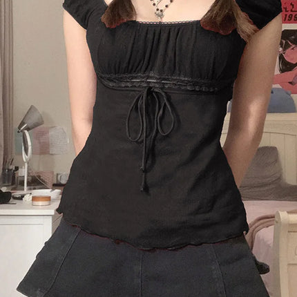 2000s Aesthetic Sweet Lace Tops Women Off Shoulder Drawstring T-shirt Korean Fashion Female Tee Fairy Grunge Streetwear