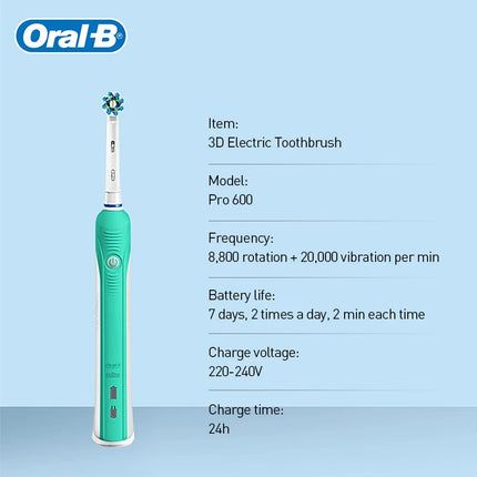 Oral-B Pro600 D16 3D Rechargeable Electric Toothbrush Adult Teeth Cleaning 2 mins Timer