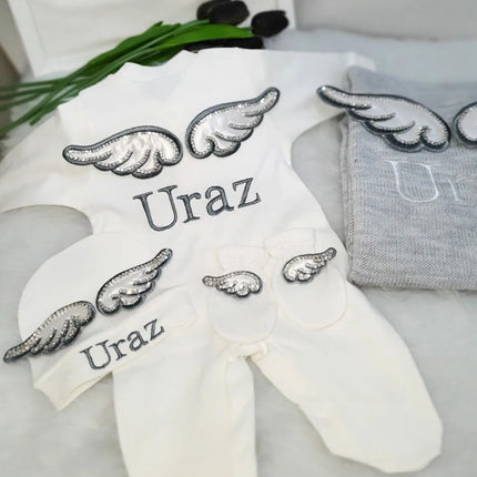 Personalized Name Baby Coming Home Outfit Angle Wing Infant Cotton Romper Onesie Blanket Pregnancy Embroidery Laurel Tree Gift