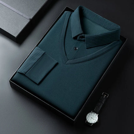 Men's Casual Fashion Long Sleeve Solid Color Polo Shirt 2025 Business Versatile Top All Season Fake Two-Piece