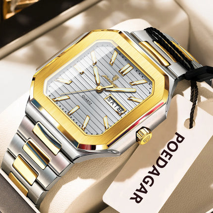 POEDAGAR Luxury Square Male Watch Waterproof Luminous Date Week Quartz Watches For Men Stainless Steel Fashion Men's Clock Reloj