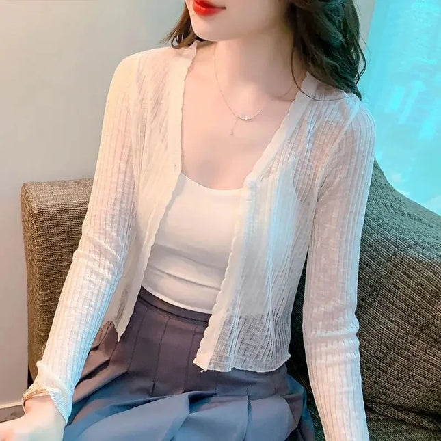 Slim Fit Knitted Long Sleeve Short Cardigan Women's Summer New Style Korean Version Thin Outerwear Pure Color Sun Protection Shi