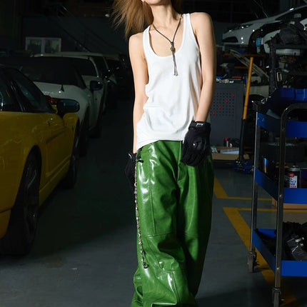 Mauroicardi Spring Autumn Cool Long Shiny Reflective Green Pu Leather Wide Leg Pants for Men Y2K Luxury Brands Original Clothes