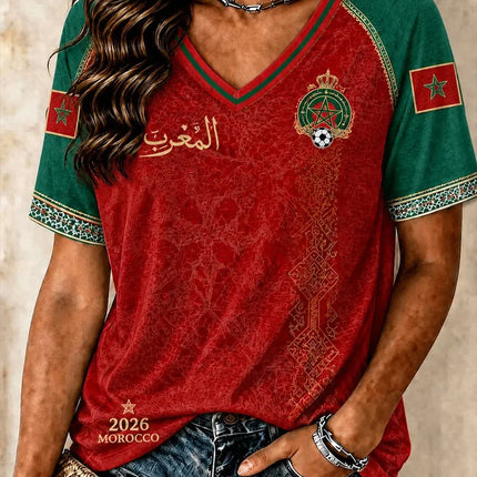 2026 Morocco National Team Red Football T-Shirt, Women's Men V-Neck Sportswear with Script & Star Motif  2026 New Colthing