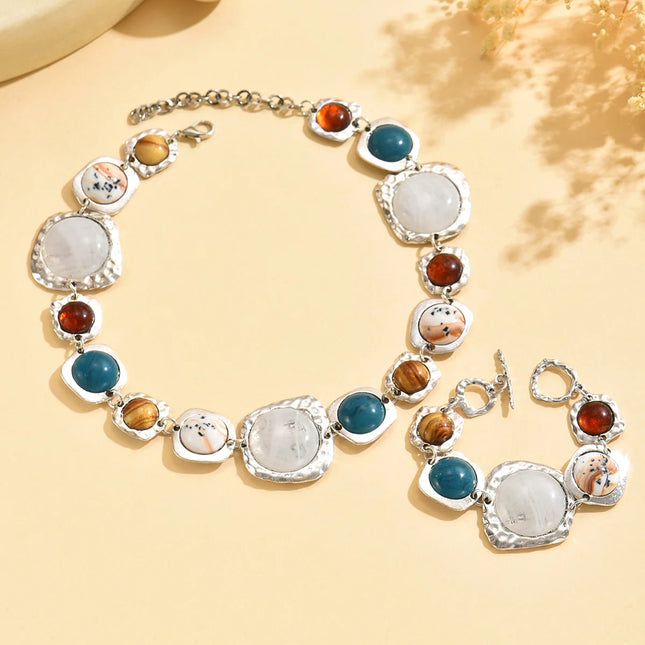 Vintage Multi-color Irregular Geometric Bracelets Necklace Chunky Exaggerated Metal Jewelry Sets Bohemia Fashion Jewelry Gifts