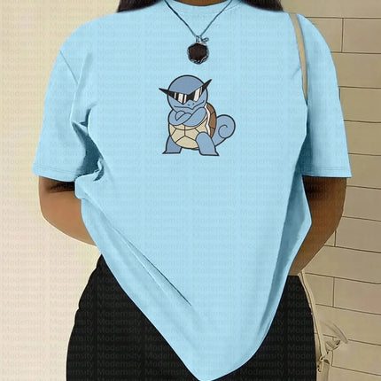 2026 Summer New Pokemon Cotton T Shirt Jigglypuff Print Purple Bow and Knife Design Cute Pink Tops Loose Fit Women Casual