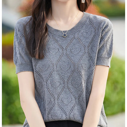 New Summer Fashion 100% Pure Cotton Women's Sweater Short sleeved Casual O-neck Pullover T-shirt Loose Knitted Hollow Top