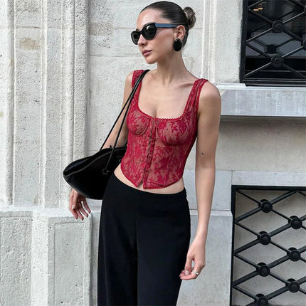 Women's Lace Corset Top Sexy Square Neck Sleeveless Slim Fit Mini Vest 2026 Spring Summer Female Casual Daily Party Fashion Tops