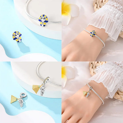 925 Sterling Silver Egyptian Pyramid Mummy Pharaoh Charms Beads Pendant Fit Original Bracelets DIY Jewelry Fine Gift