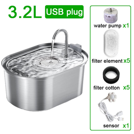3.2L Cat Automatic Water Dispenser Pet Water Fountain USB With Filter Stainless Steel Dog Drinking Fountain For Cats Dogs ﻿
