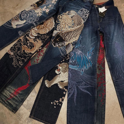 Harajuku Japanese Jeans Mens New Dragon High Quality Jeans Gothic Vintage Hip Hop Streetwear Denim Fabric Wide Leg pants